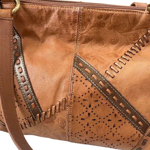 Tan Leather Shoulder Bag Floral Western Boho Soft Slouchy Everyday Purse - Picture 4 of 8